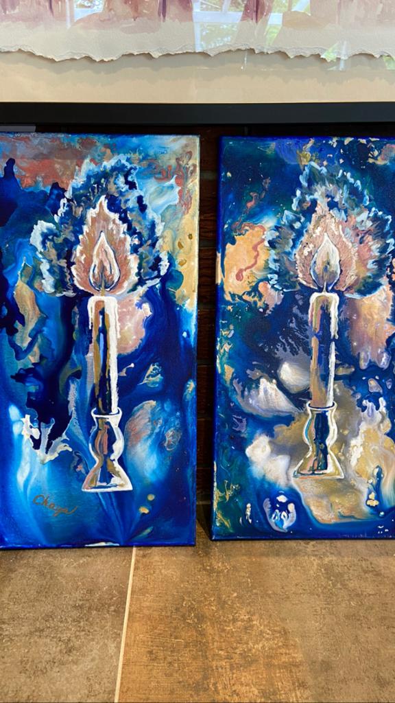 <h9>Shabbos Candles Diptych<br> Acrylic, Alcohol Ink <br> 20x10 each piece <br>  $500 </h9><br><h8> SOLD </h8>
